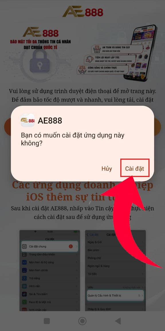 Chọn cài đặt để hoàn tất quá trình tải app AE888 Chọn cài đặt để hoàn tất quá trình tải app AE888