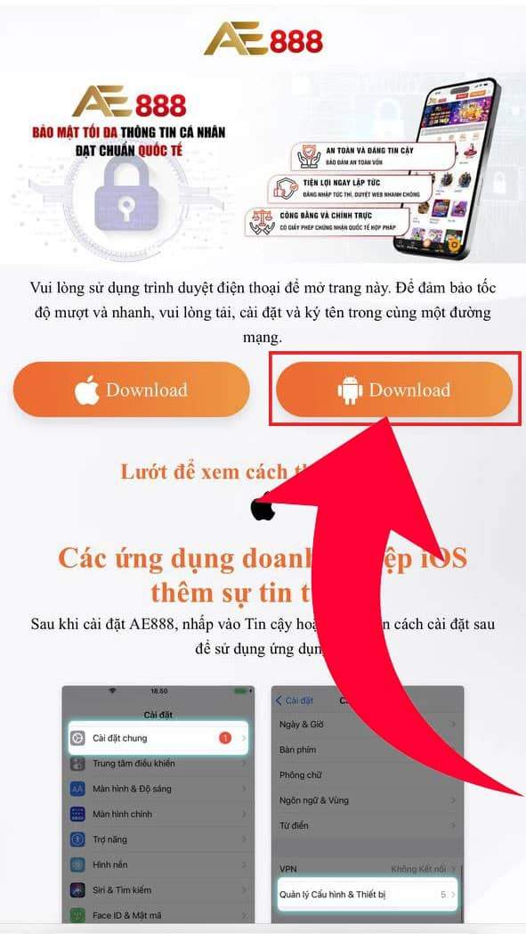 Chọn Download ứng dụng AE888 ở biểu tượng Android Chọn Download ứng dụng AE888 ở biểu tượng Android