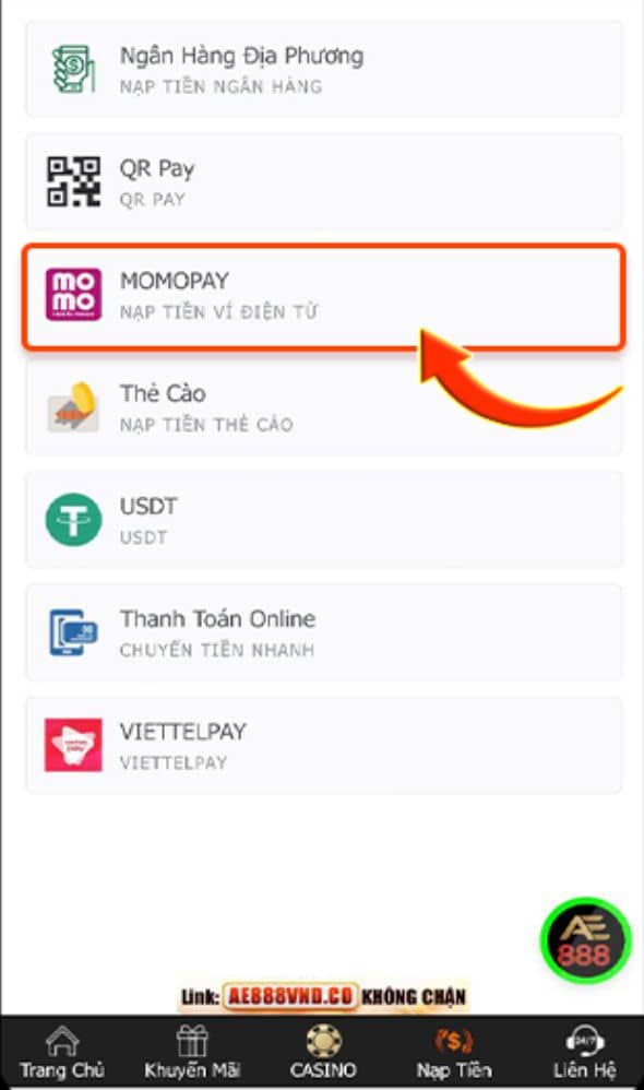 Chọn phương thức nạp tiền MOMOPAY Chọn phương thức nạp tiền MOMOPAY