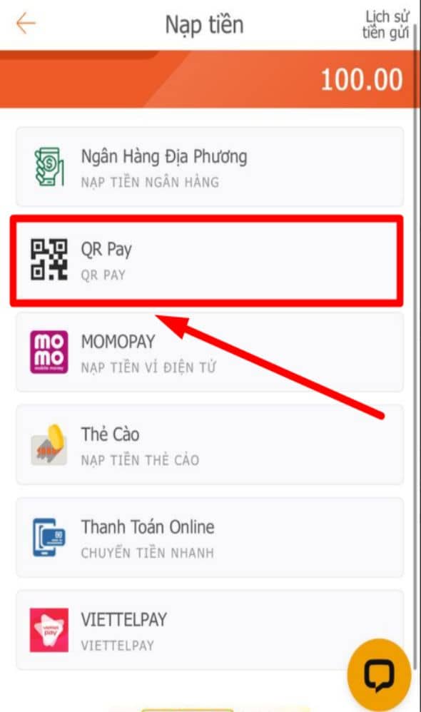 Chọn phương thức nạp tiền QR Pay Chọn phương thức nạp tiền QR Pay