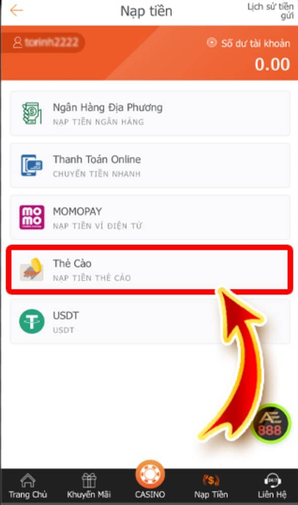 Chọn phương thức thẻ cào Chọn phương thức thẻ cào