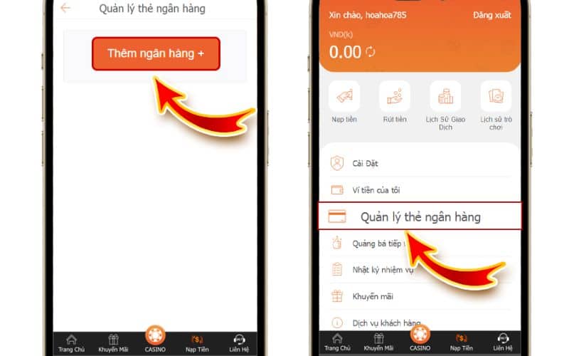 Chọn quản lý thẻ ngân hàng và thêm ngân hàng Chọn quản lý thẻ ngân hàng và thêm ngân hàng