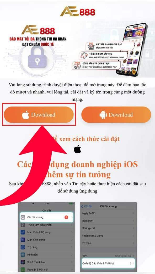 Nhấn Download để tải app AE888 trên IOS Nhấn Download để tải app AE888 trên IOS