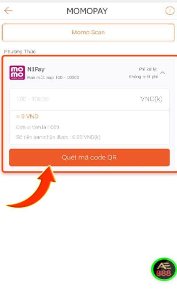 Nhập số tiền cần nạp và ấn quét mã code QR Nhập số tiền cần nạp và ấn quét mã code QR