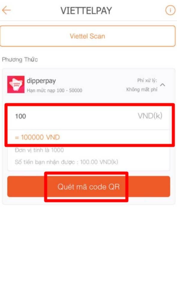 Nhập số tiền cần nạp và nhấn chọn quét mã Nhập số tiền cần nạp và nhấn chọn quét mã