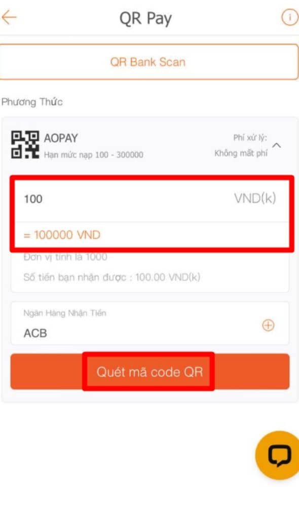 Nhận số tiền cần nạp và nhấn quét mã code QR Nhận số tiền cần nạp và nhấn quét mã code QR