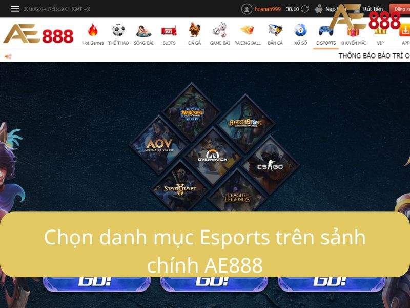Chọn danh mục Esports trên sảnh chính AE888 Chọn danh mục Esports trên sảnh chính AE888