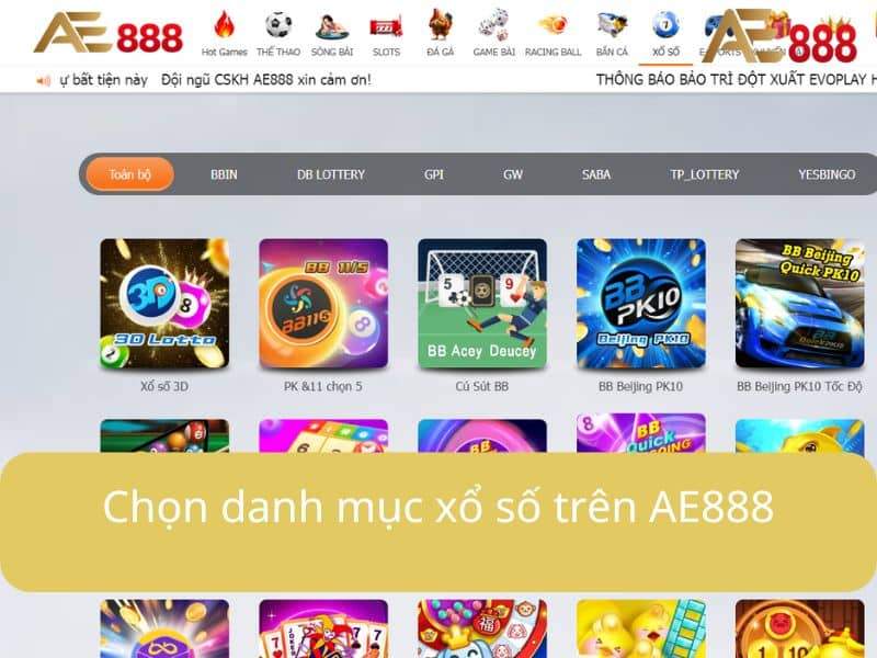 Chọn danh mục xổ số trên trang chủ AE888 Chọn danh mục xổ số trên trang chủ AE888
