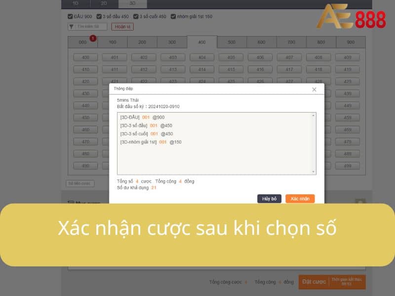 Xác nhận cược sau khi chọn số Xác nhận cược sau khi chọn số